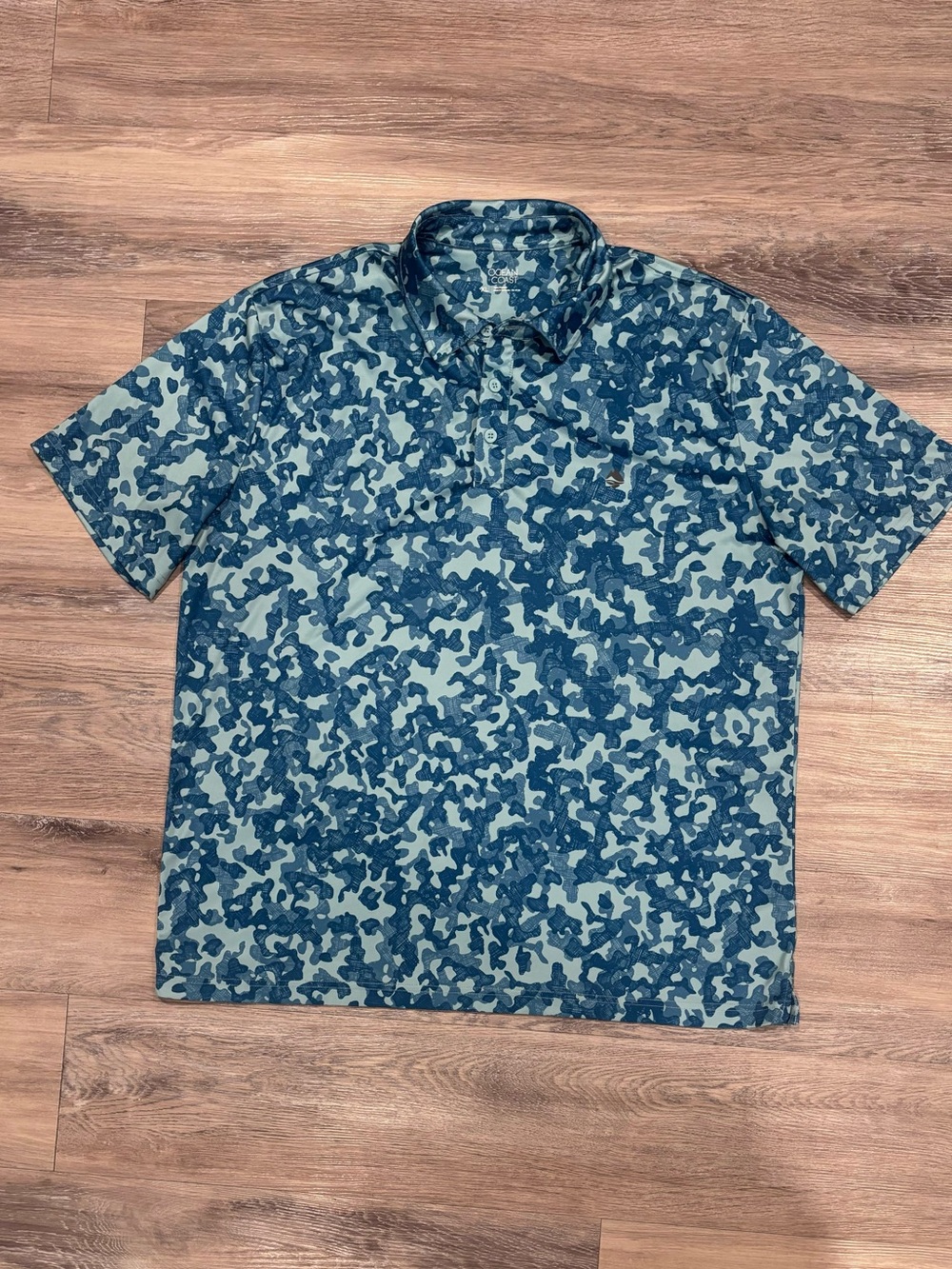 Ocean Coast Men's XL Blue/Gray Camo Short Sleeve Polo Shirt Collared Logo